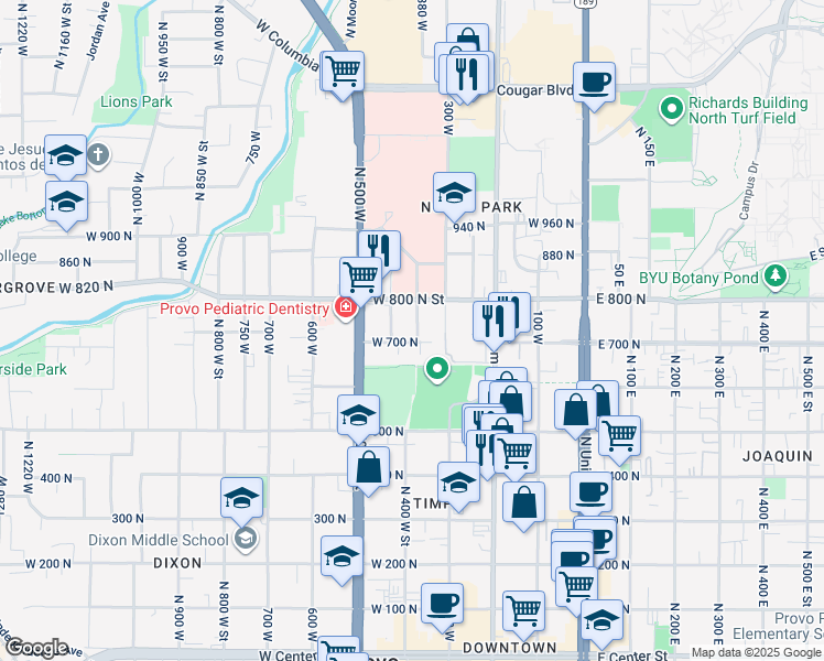 map of restaurants, bars, coffee shops, grocery stores, and more near 734 440 West in Provo