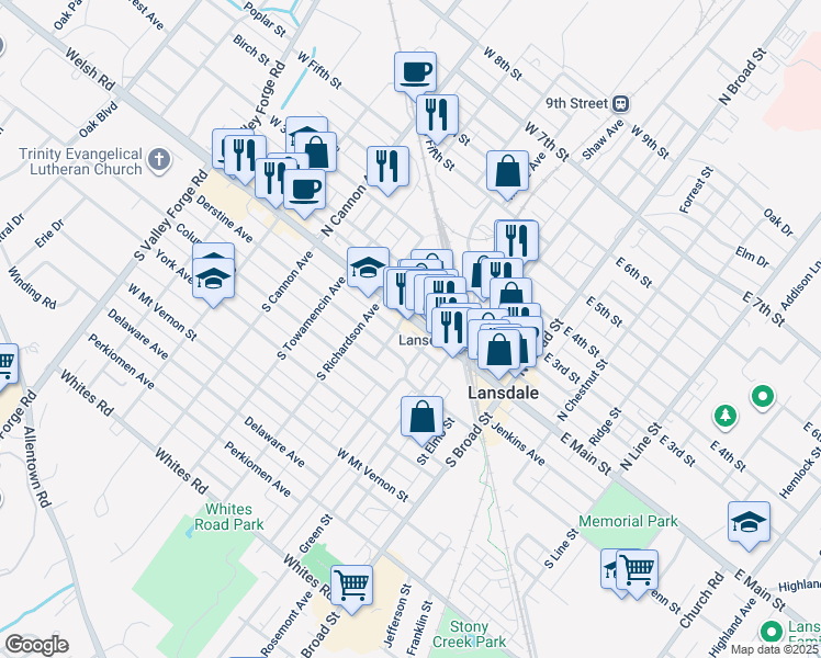 map of restaurants, bars, coffee shops, grocery stores, and more near 408 West Main Street in Lansdale