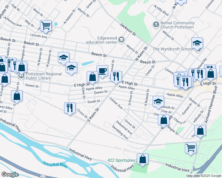 map of restaurants, bars, coffee shops, grocery stores, and more near 15 South Keim Street in Pottstown