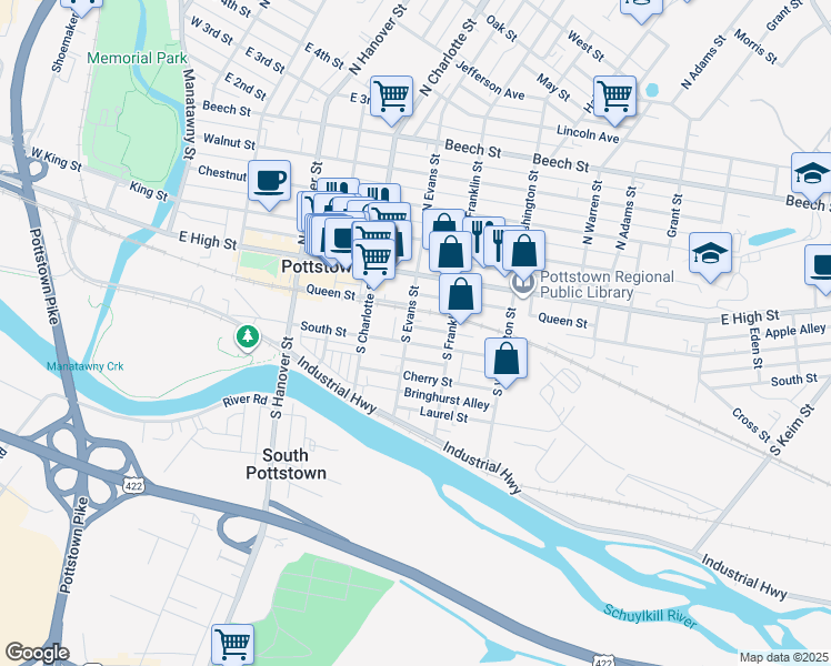 map of restaurants, bars, coffee shops, grocery stores, and more near 69 South Evans Street in Pottstown