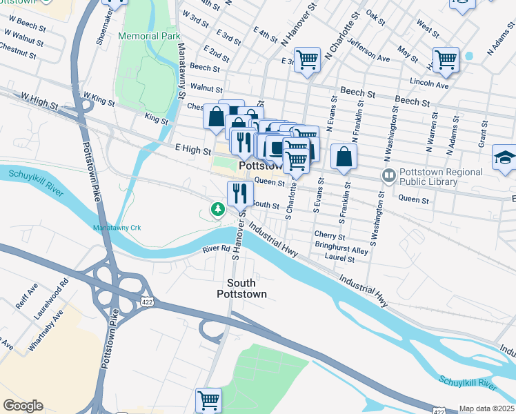 map of restaurants, bars, coffee shops, grocery stores, and more near 230 South Street in Pottstown