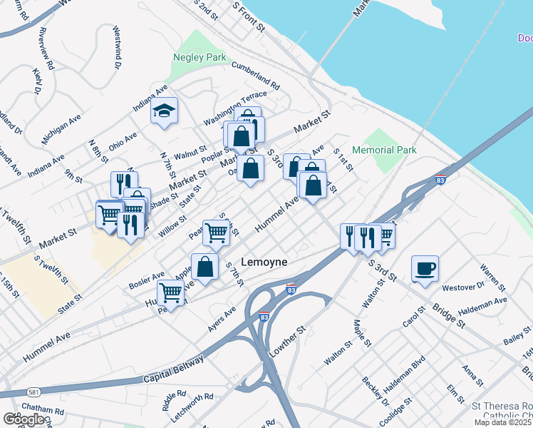 map of restaurants, bars, coffee shops, grocery stores, and more near 122 South 5th Street in Lemoyne