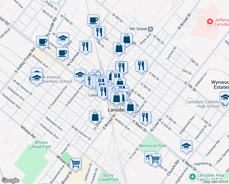 map of restaurants, bars, coffee shops, grocery stores, and more near 31 West 3rd Street in Lansdale