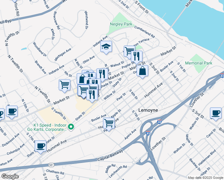 map of restaurants, bars, coffee shops, grocery stores, and more near 680 State Street in Lemoyne