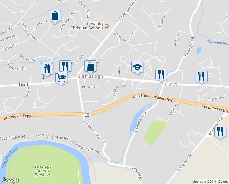 map of restaurants, bars, coffee shops, grocery stores, and more near 21 Blackberry Drive in Pottstown