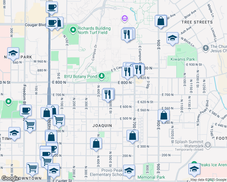 map of restaurants, bars, coffee shops, grocery stores, and more near 726 North 500 East in Provo
