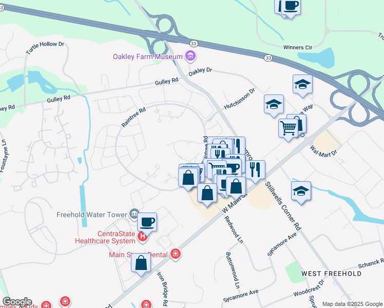 map of restaurants, bars, coffee shops, grocery stores, and more near 36 Woodmere Court in Freehold