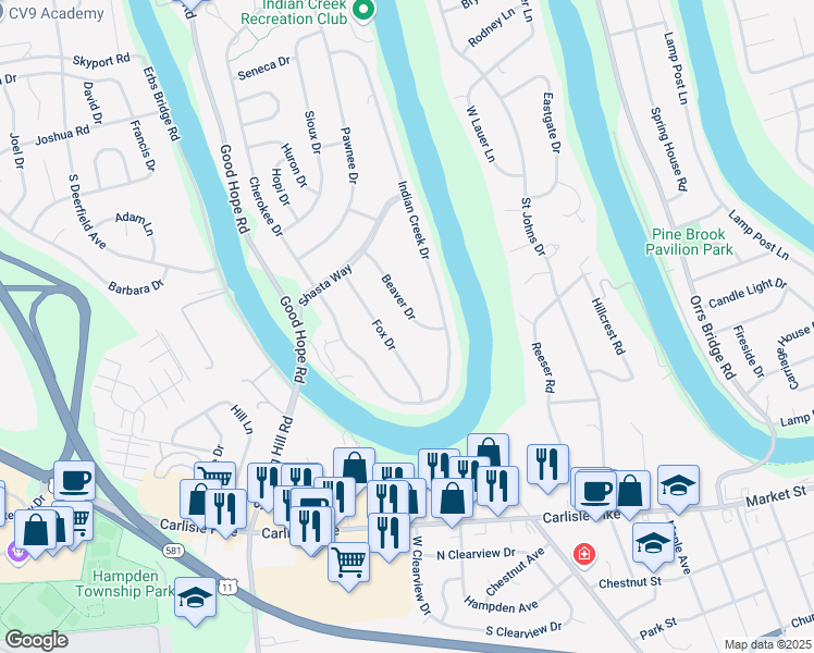 map of restaurants, bars, coffee shops, grocery stores, and more near 209 Beaver Drive in Mechanicsburg
