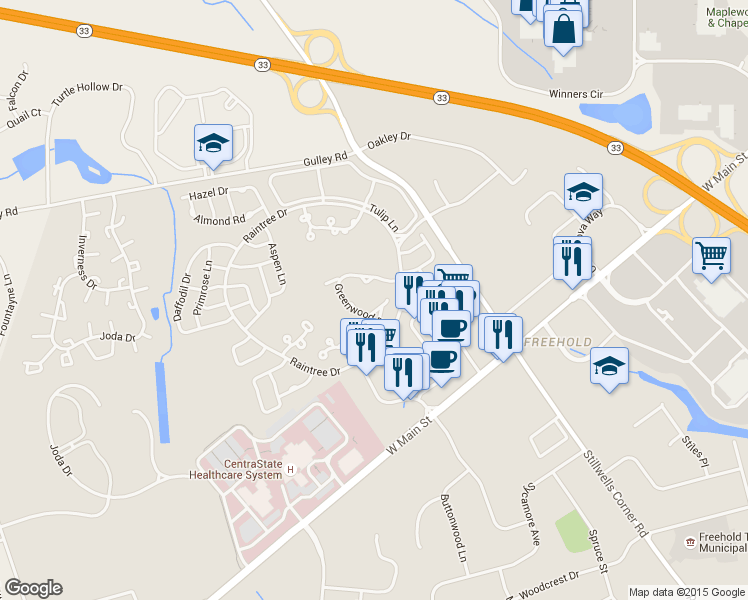 map of restaurants, bars, coffee shops, grocery stores, and more near 36 Woodmere Court in Freehold