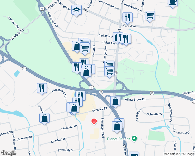 map of restaurants, bars, coffee shops, grocery stores, and more near 3585 Route 9 in Freehold
