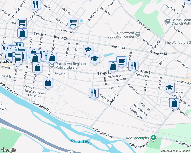 map of restaurants, bars, coffee shops, grocery stores, and more near 800 East High Street in Pottstown