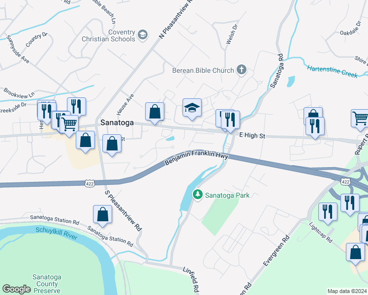 map of restaurants, bars, coffee shops, grocery stores, and more near 58 Shelly Lane in Pottstown