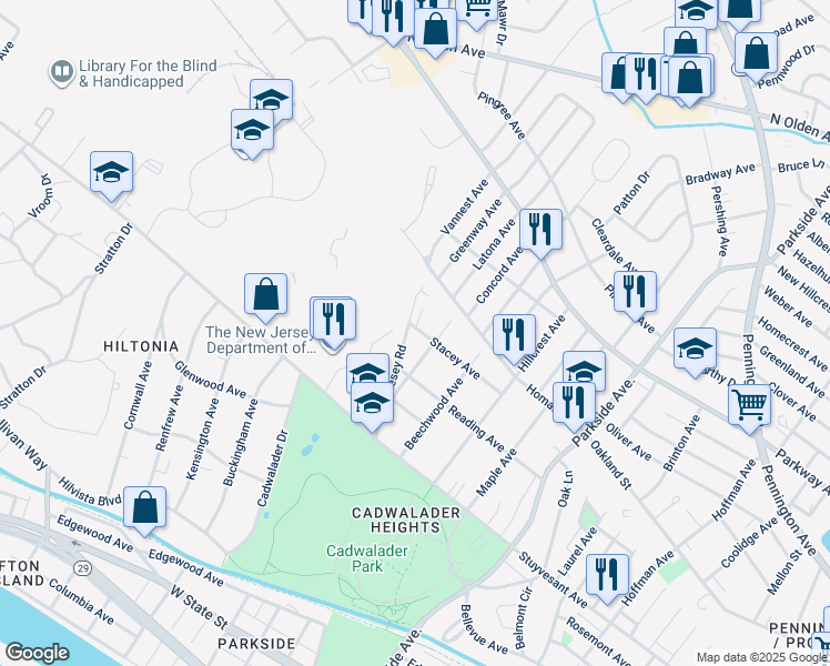 map of restaurants, bars, coffee shops, grocery stores, and more near 215 Stacey Avenue in Trenton