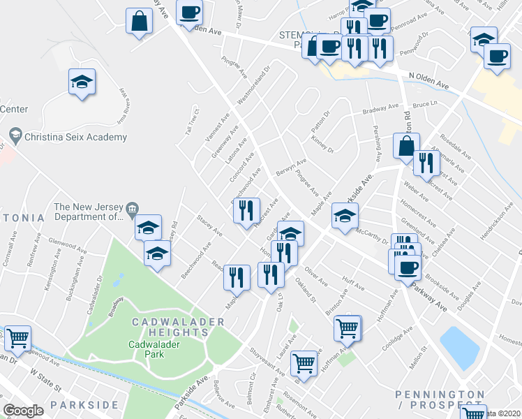 map of restaurants, bars, coffee shops, grocery stores, and more near 337 Hillcrest Avenue in Ewing Township