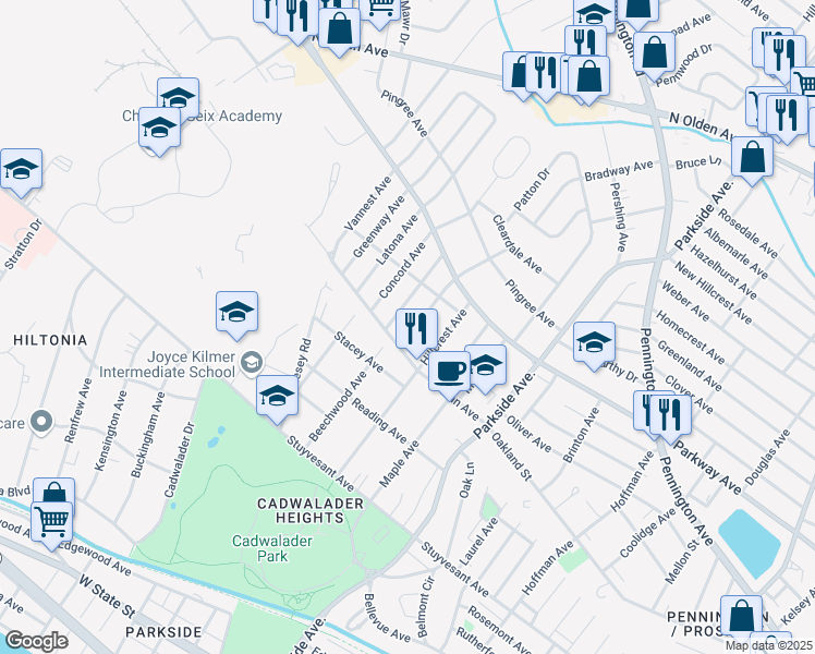 map of restaurants, bars, coffee shops, grocery stores, and more near 317 Berwyn Avenue in Ewing Township