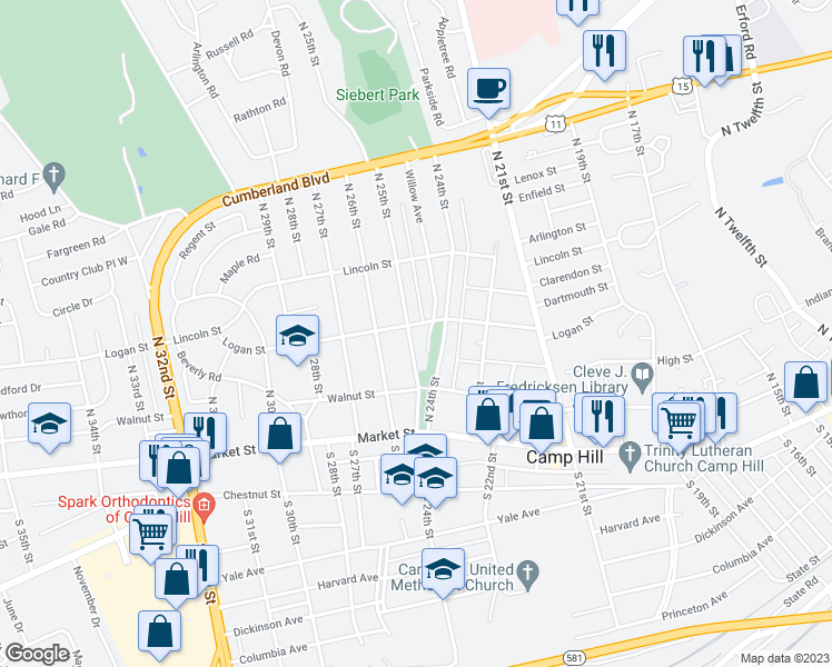 map of restaurants, bars, coffee shops, grocery stores, and more near 146 North 25th Street in Camp Hill