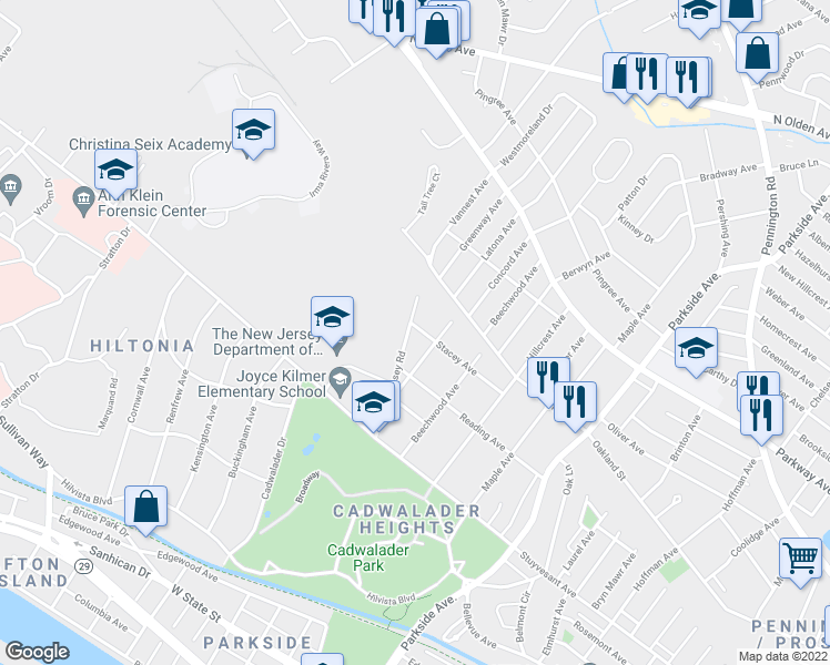 map of restaurants, bars, coffee shops, grocery stores, and more near 215 Stacey Avenue in Trenton