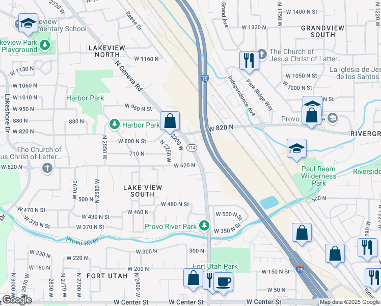 map of restaurants, bars, coffee shops, grocery stores, and more near 2125 West 710 North Street in Provo