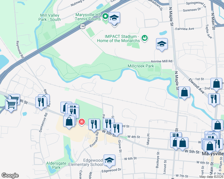 map of restaurants, bars, coffee shops, grocery stores, and more near 580 Park Avenue in Marysville