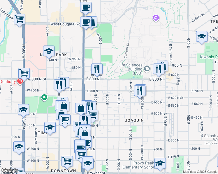 map of restaurants, bars, coffee shops, grocery stores, and more near 722 North 200 East in Provo