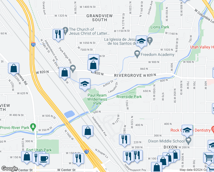 map of restaurants, bars, coffee shops, grocery stores, and more near 1461 Arthur Drive in Provo