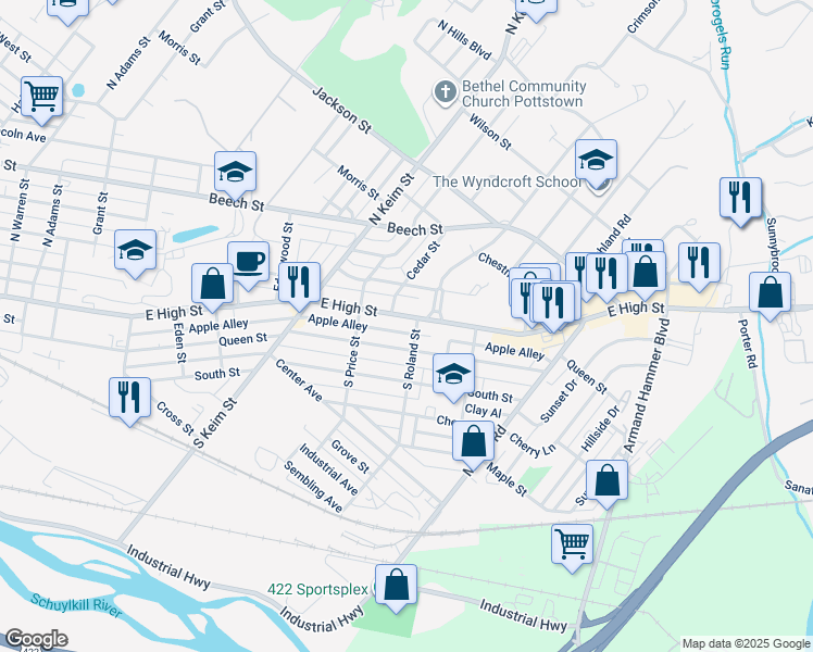 map of restaurants, bars, coffee shops, grocery stores, and more near 1150 East High Street in Pottstown