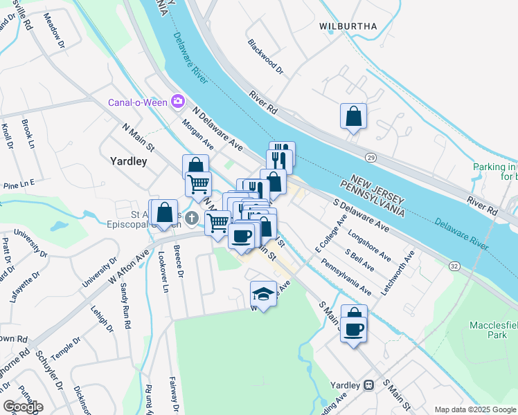 map of restaurants, bars, coffee shops, grocery stores, and more near 34 East Afton Avenue in Yardley