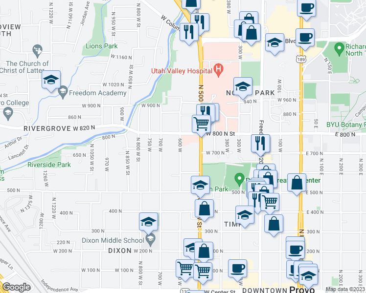 map of restaurants, bars, coffee shops, grocery stores, and more near 716 600 West in Provo