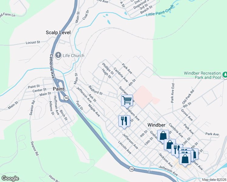 map of restaurants, bars, coffee shops, grocery stores, and more near 501R Bedford Street in Windber