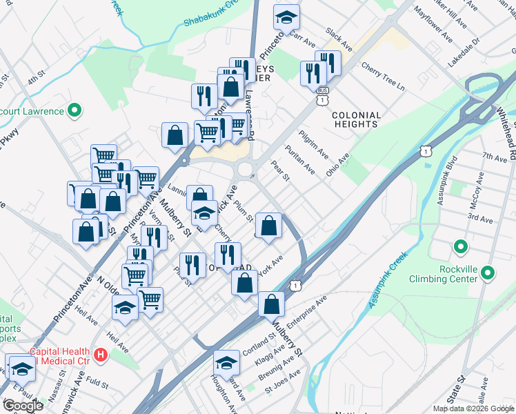 map of restaurants, bars, coffee shops, grocery stores, and more near 1237 Indiana Ave in Trenton