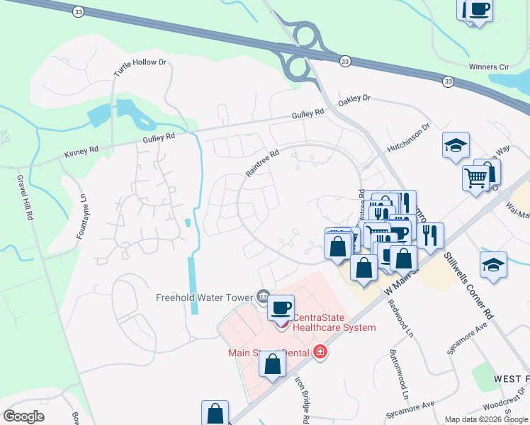 map of restaurants, bars, coffee shops, grocery stores, and more near 29 Mimosa Lane in Freehold