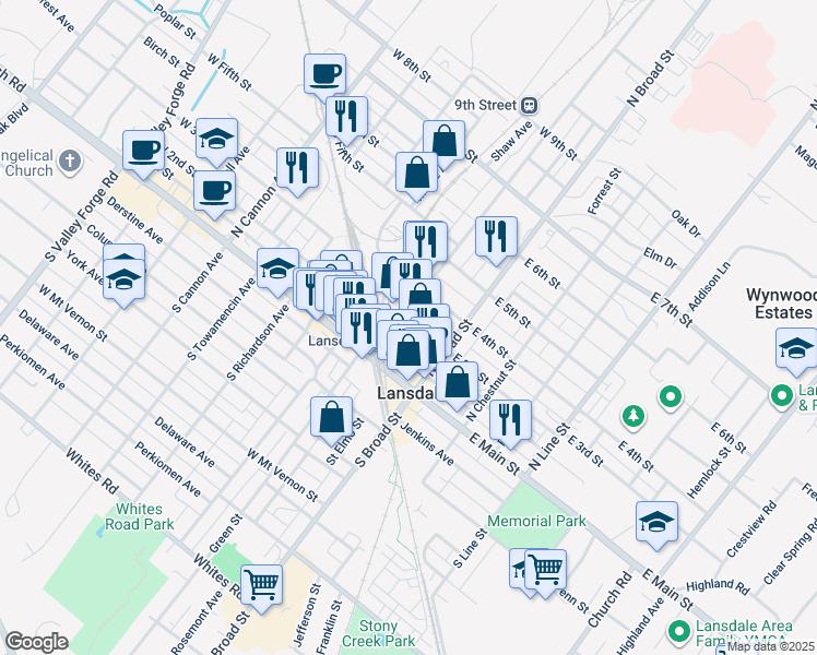map of restaurants, bars, coffee shops, grocery stores, and more near 42 W 3rd St in Lansdale