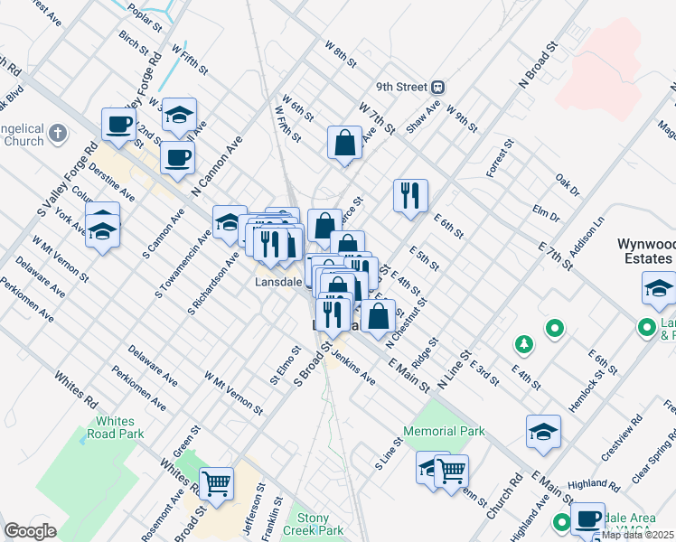 map of restaurants, bars, coffee shops, grocery stores, and more near 42 W 3rd St in Lansdale