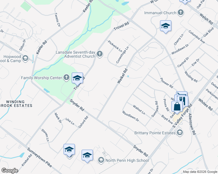 map of restaurants, bars, coffee shops, grocery stores, and more near 962 Weikel Rd in Lansdale