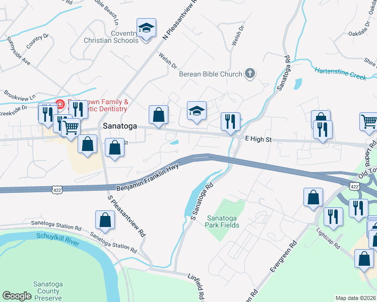map of restaurants, bars, coffee shops, grocery stores, and more near 58 Shelly Lane in Sanatoga