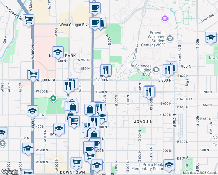 map of restaurants, bars, coffee shops, grocery stores, and more near 141 East 700 North in Provo