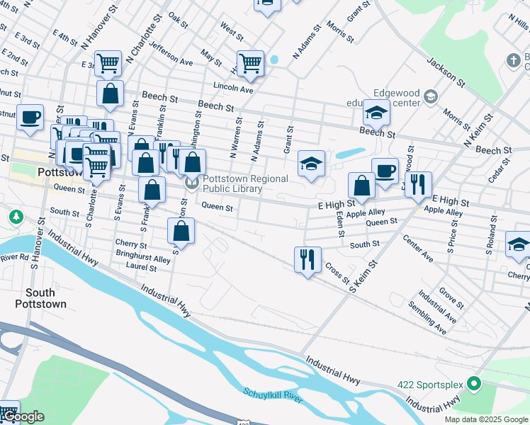 map of restaurants, bars, coffee shops, grocery stores, and more near 710 East High Street in Pottstown