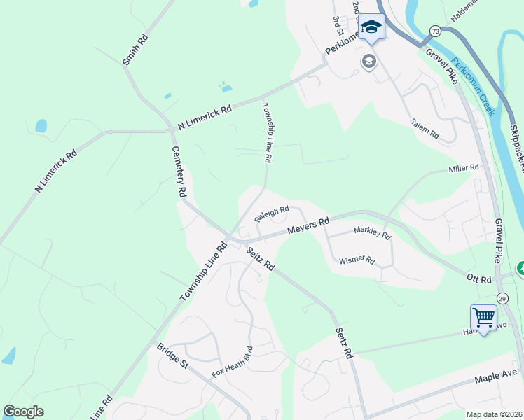 map of restaurants, bars, coffee shops, grocery stores, and more near 115 Raleigh Road in Schwenksville