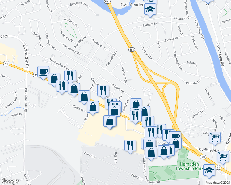map of restaurants, bars, coffee shops, grocery stores, and more near 9 Ronald Road in Mechanicsburg