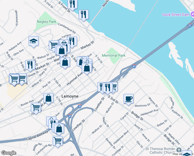 map of restaurants, bars, coffee shops, grocery stores, and more near 231 Plum Street in Lemoyne