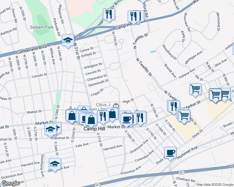 map of restaurants, bars, coffee shops, grocery stores, and more near 210 N 19th St in Camp Hill