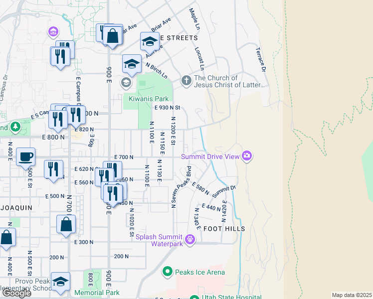 map of restaurants, bars, coffee shops, grocery stores, and more near 725 Hillsdale Lane in Provo