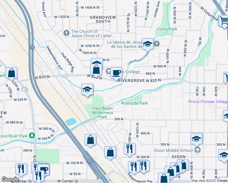 map of restaurants, bars, coffee shops, grocery stores, and more near 1461 Arthur Drive in Provo