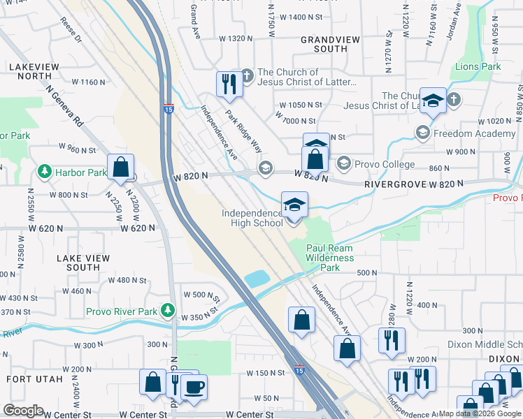 map of restaurants, bars, coffee shops, grocery stores, and more near 723 N Independence Ave in Provo