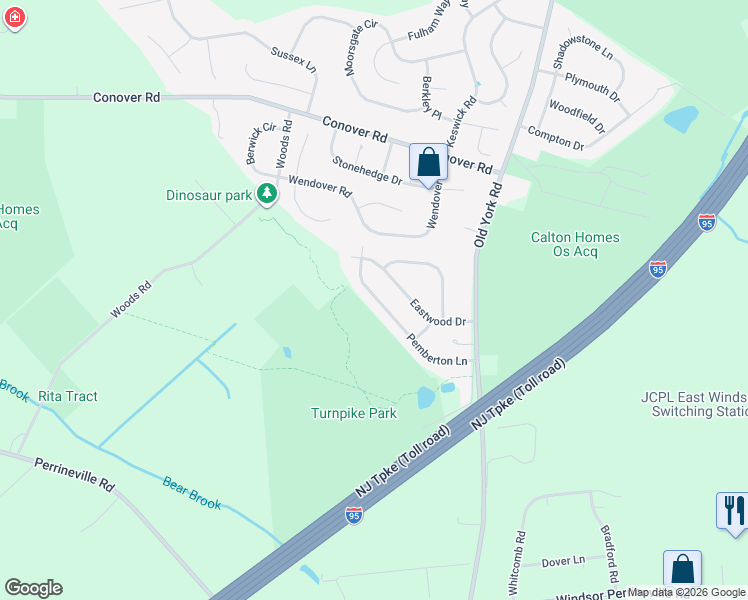 map of restaurants, bars, coffee shops, grocery stores, and more near 38 Pemberton Lane in East Windsor