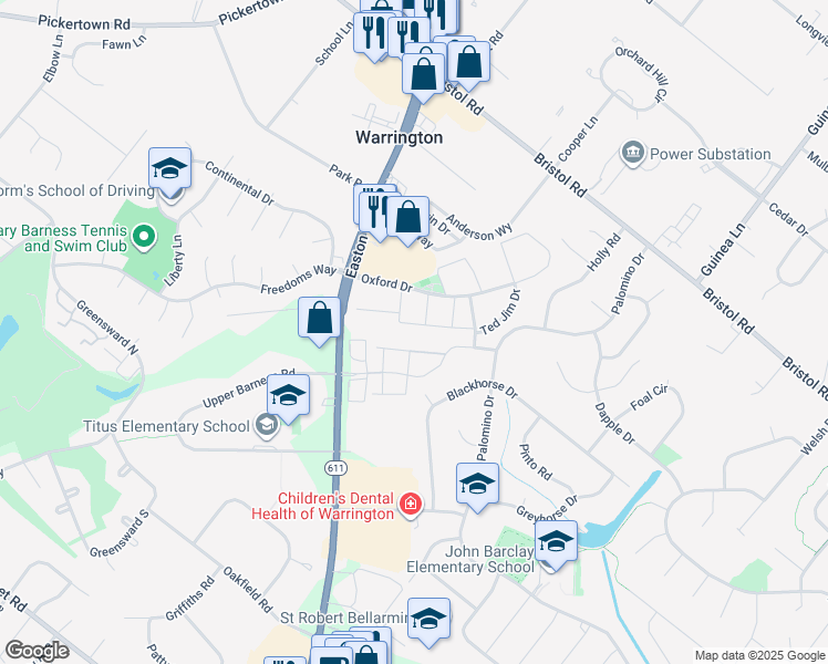 map of restaurants, bars, coffee shops, grocery stores, and more near 2244 Pileggi Road in Warrington