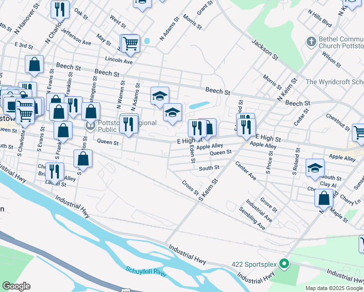 map of restaurants, bars, coffee shops, grocery stores, and more near 826 East High Street in Pottstown