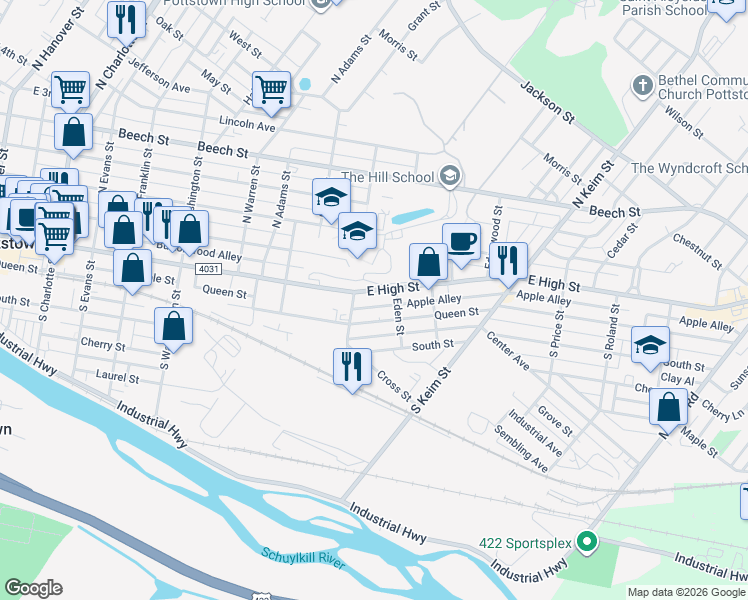 map of restaurants, bars, coffee shops, grocery stores, and more near 800 East High Street in Pottstown