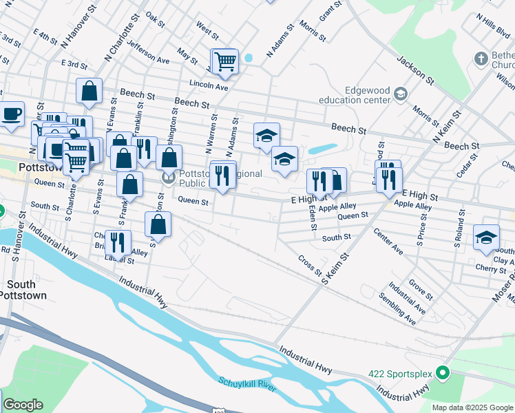 map of restaurants, bars, coffee shops, grocery stores, and more near 740 East High Street in Pottstown