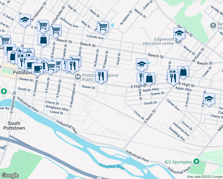 map of restaurants, bars, coffee shops, grocery stores, and more near 710 East High Street in Pottstown